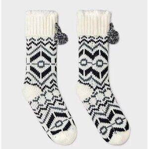 Women Nordic Pattern Knit Faux Shearling Lined Slipper Socks with Poms & Gripper